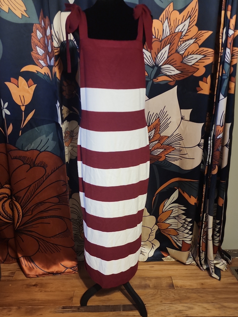Tie-Shoulder Burgundy & White Striped Maxi Dress